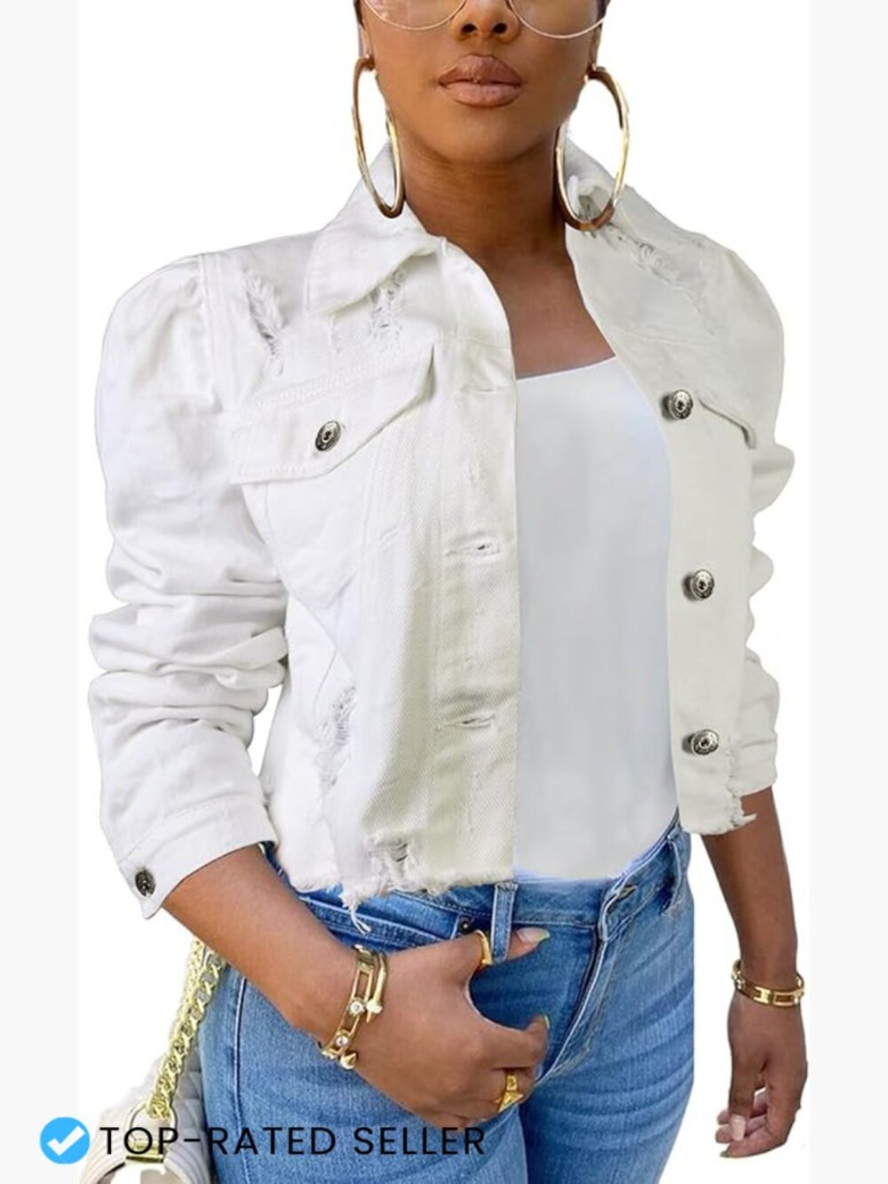 Classic Crop Jean Jacket Women Distressed Moto Puff Sleeve Trendy Y2K